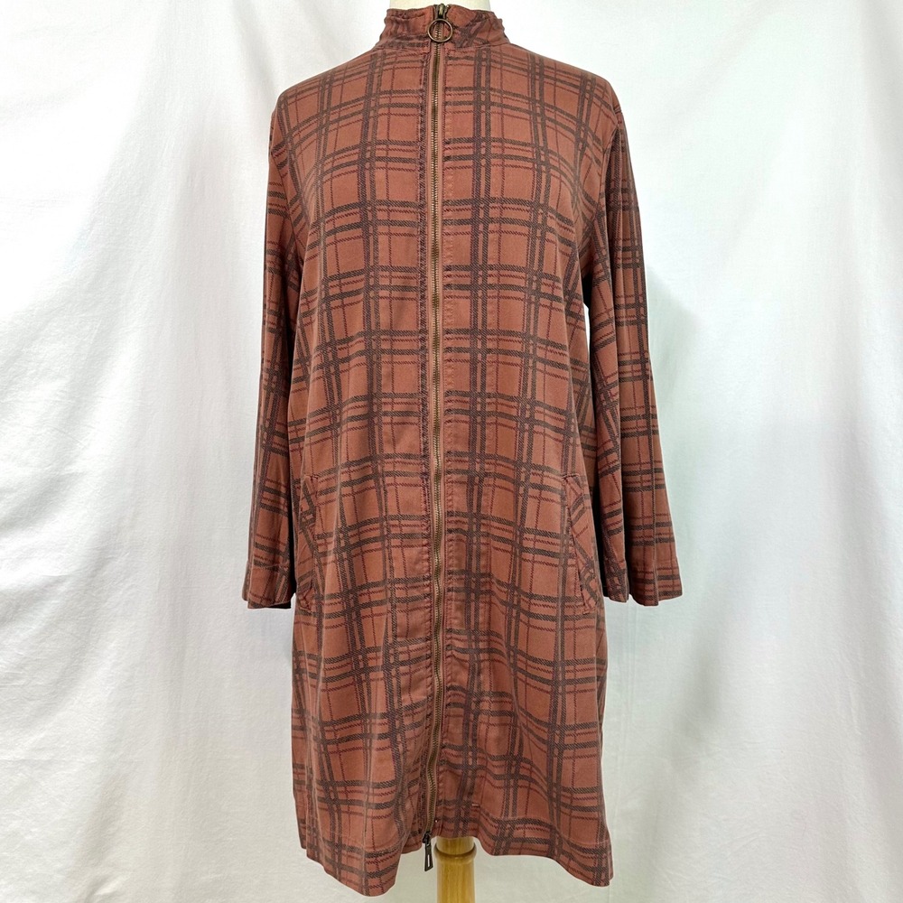 XCVI NEW Brown Plaid Zip Front Mock Neck Tunic Dress Flare Sleeves S Lagenlook